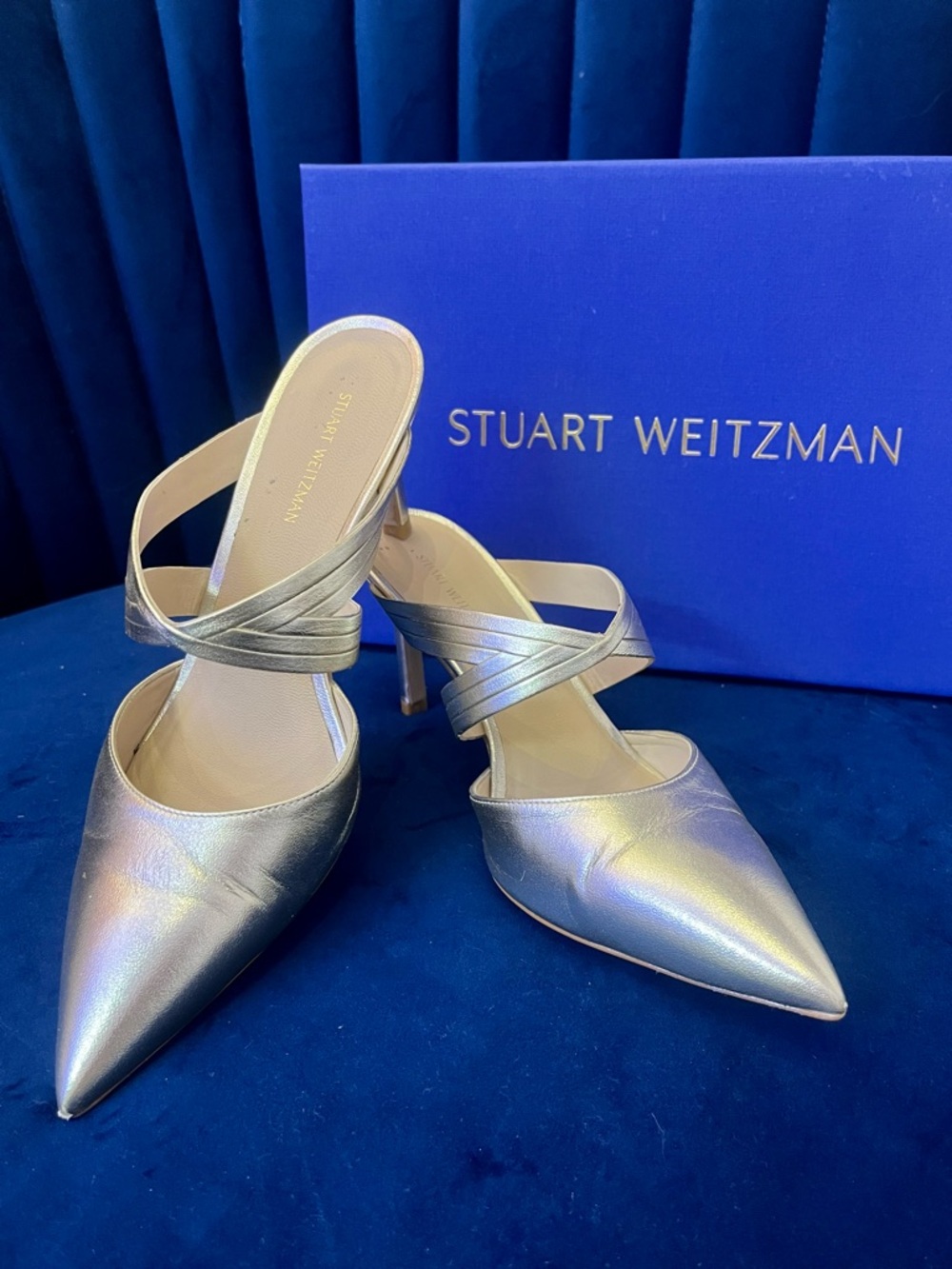 Stuart Weitzman Gold Iridescent Pointed-Toe Strappy Mule Stilettos